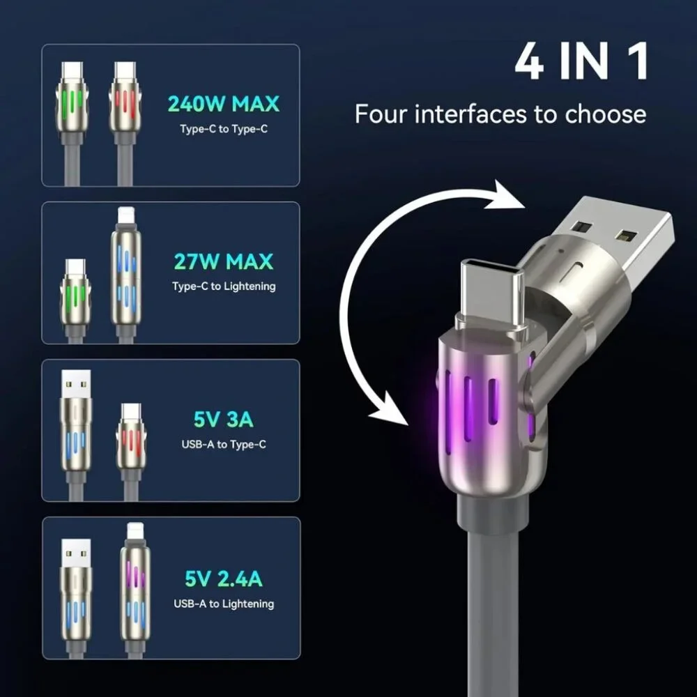 4-in-1 Fast Charging USB Cable, Multi-Port Charging with Color LED Lights